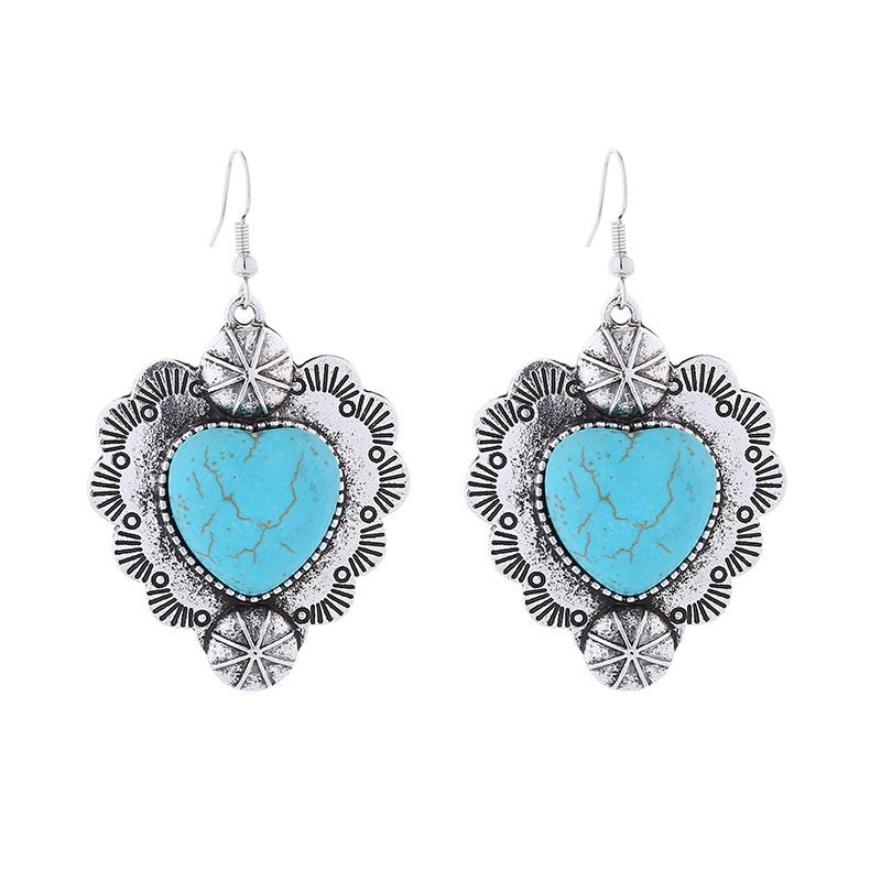 Wholesale Vintage alloy plated antique silver inlaid turquoise heart earrings